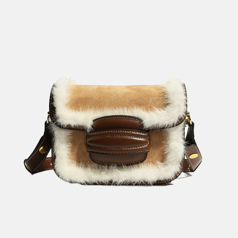 Women’s Fur Trim Genuine Leather Flap Mesenger Bags in Brown image