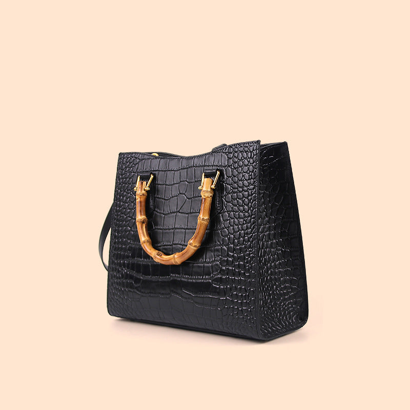 Women’s Black Genuine Leather Croc Embossed Tote Bags Bamboo Top Handle image 5