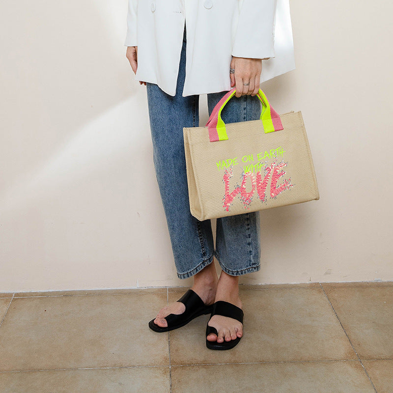 Women’s Letter Print Canvas Tote Bags image 2