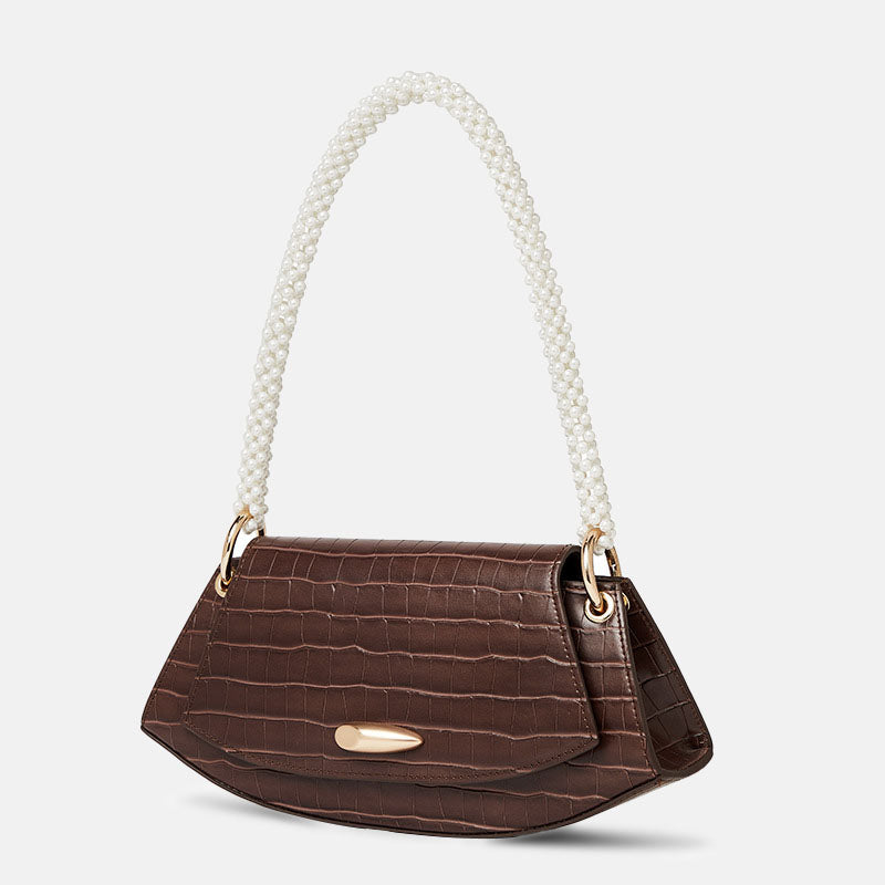 Women’s Genuine Leather Croc Print Baguette Bags with Pearls Strap image 5