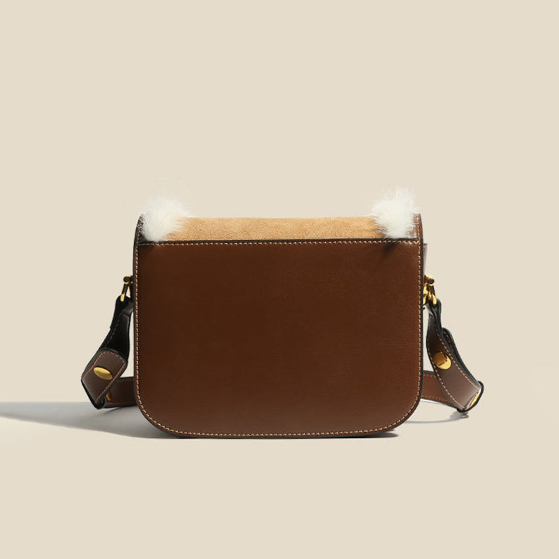 Women’s Fur Trim Genuine Leather Flap Mesenger Bags in Brown image 3