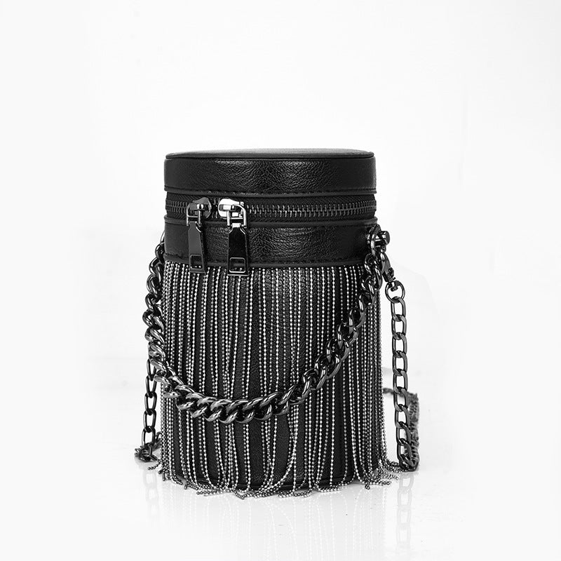 Women’s Fringe Cylinder Bucket Bags in Black image