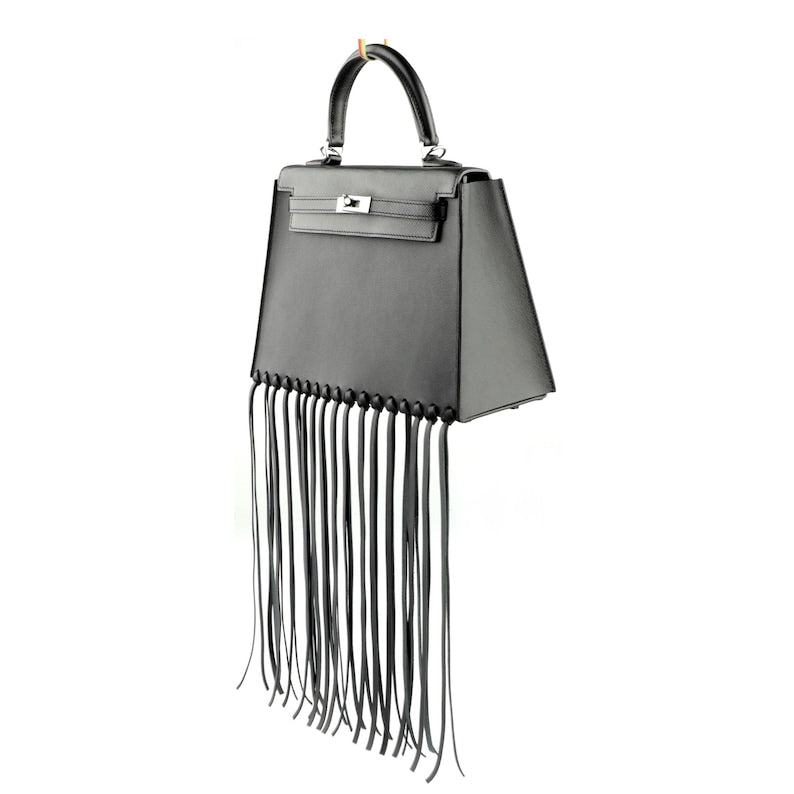 Black Fringe Bag Cover for Kelly bag | Leather Protective Bag Cape | Luxury Purse Cover with Long Tassels | Custom Handmade Bag Accessory
