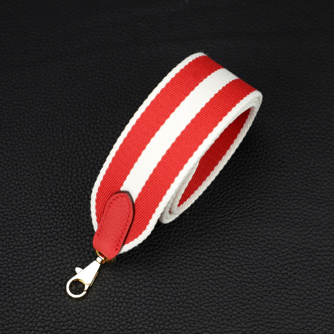 50mm Striped Canvas Shoulder Bag Strap: Togo Leather Accent