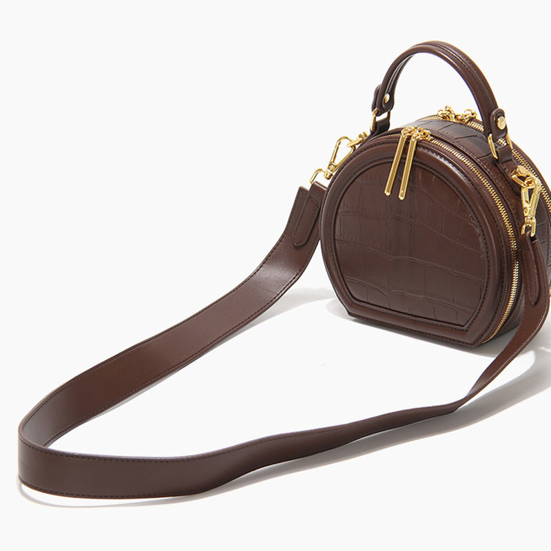 Women’s Stone Grain Round Crossbody Handbag in Brown image 7