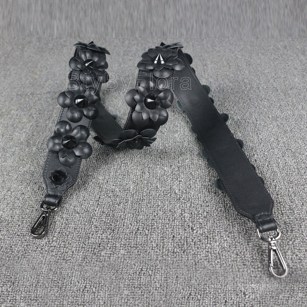 Luxury Black Leather Bandoulière (Designer Style): 3D Floral Appliqué & Studded Crossbody Strap