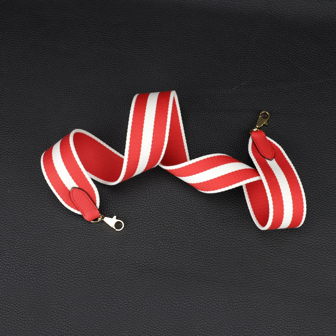 50mm Striped Canvas Shoulder Bag Strap: Togo Leather Accent