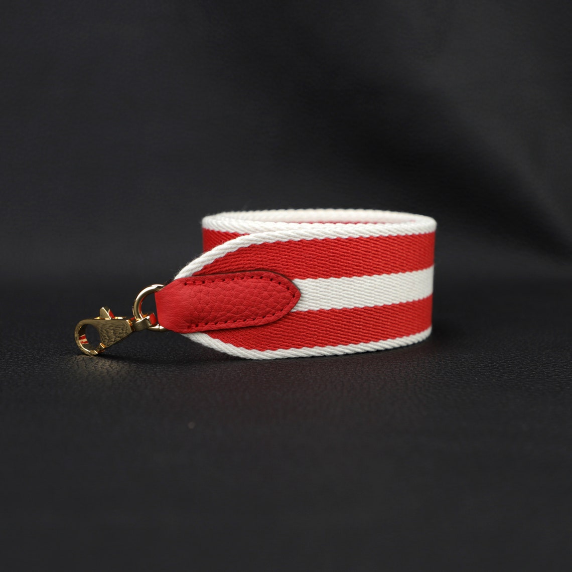 50mm Striped Canvas Shoulder Bag Strap: Togo Leather Accent