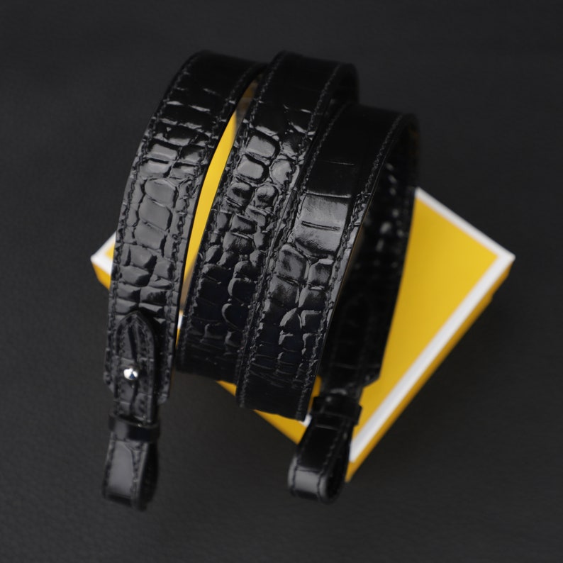 Hermès Style Black Crocodile Grain Leather Bandoulière (20mm Slim): Luxury Shoulder/Crossbody Strap