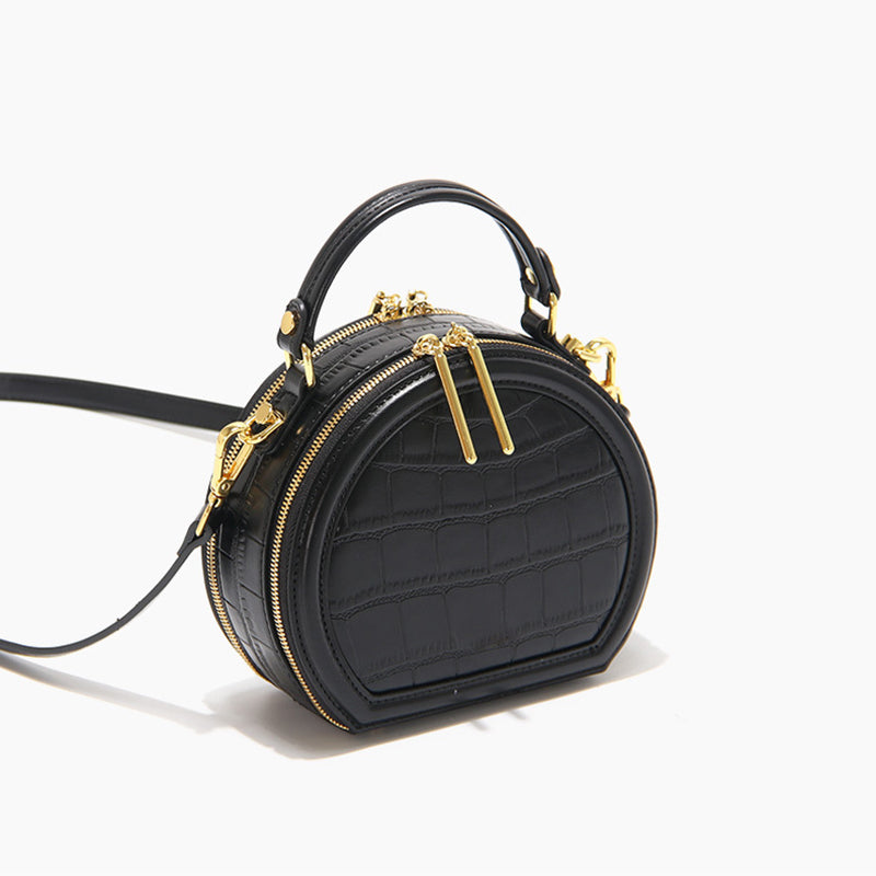 Women’s Stone Grain Round Crossbody Handbag in Black image 4