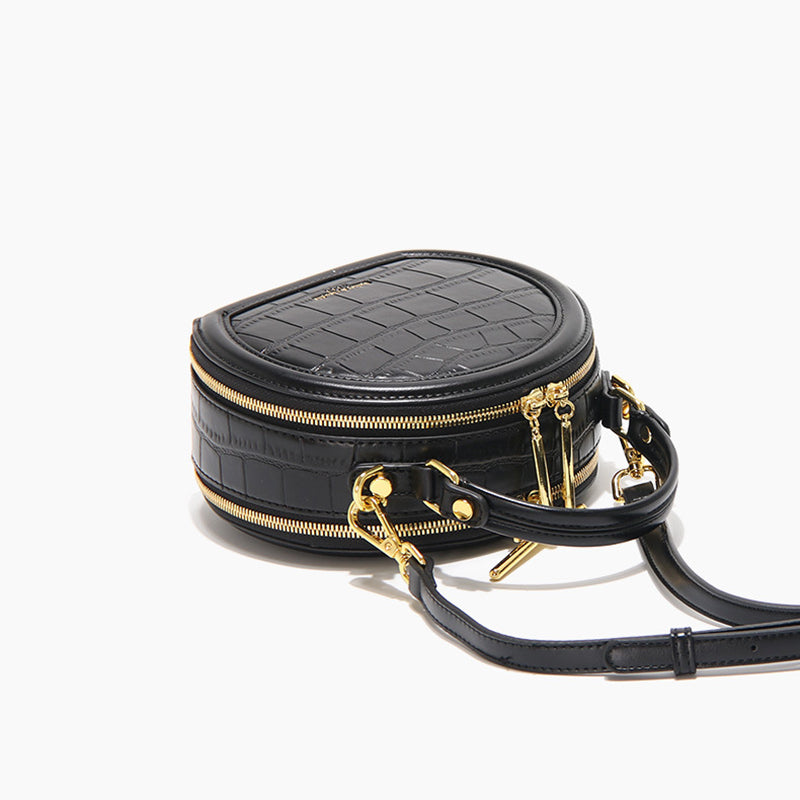Women’s Stone Grain Round Crossbody Handbag in Black image 3