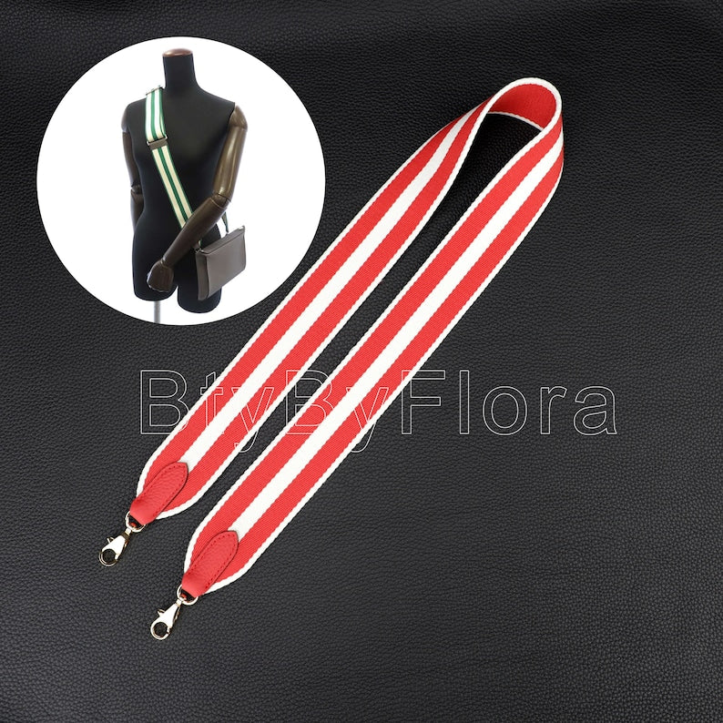 50mm Striped Canvas Shoulder Bag Strap: Togo Leather Accent