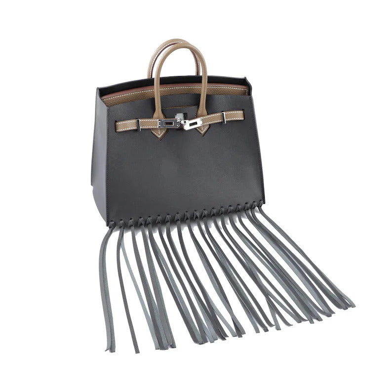 Black Fringe Bag Cover for Kelly bag | Leather Protective Bag Cape | Luxury Purse Cover with Long Tassels | Custom Handmade Bag Accessory