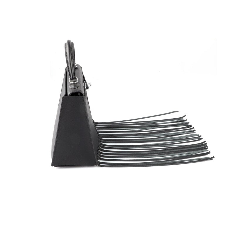 Black Fringe Bag Cover for Kelly bag | Leather Protective Bag Cape | Luxury Purse Cover with Long Tassels | Custom Handmade Bag Accessory