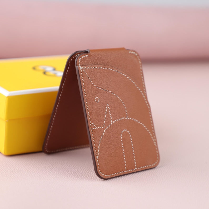 Porte-cartes MagSafe en veau Swift coloris Gold.Cheval MagSafe card holder,Magnetic Phone Card Holder Kickstand Slim Matte Card Bag