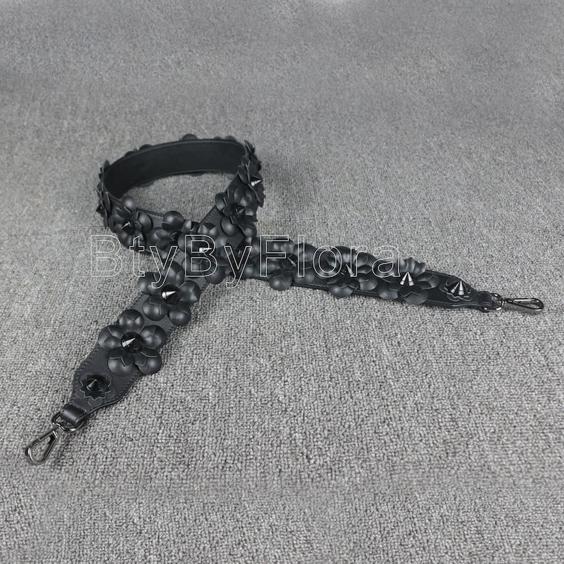 Luxury Black Leather Bandoulière (Designer Style): 3D Floral Appliqué & Studded Crossbody Strap