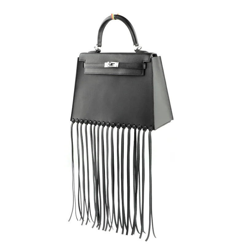 Black Fringe Bag Cover for Kelly bag | Leather Protective Bag Cape | Luxury Purse Cover with Long Tassels | Custom Handmade Bag Accessory
