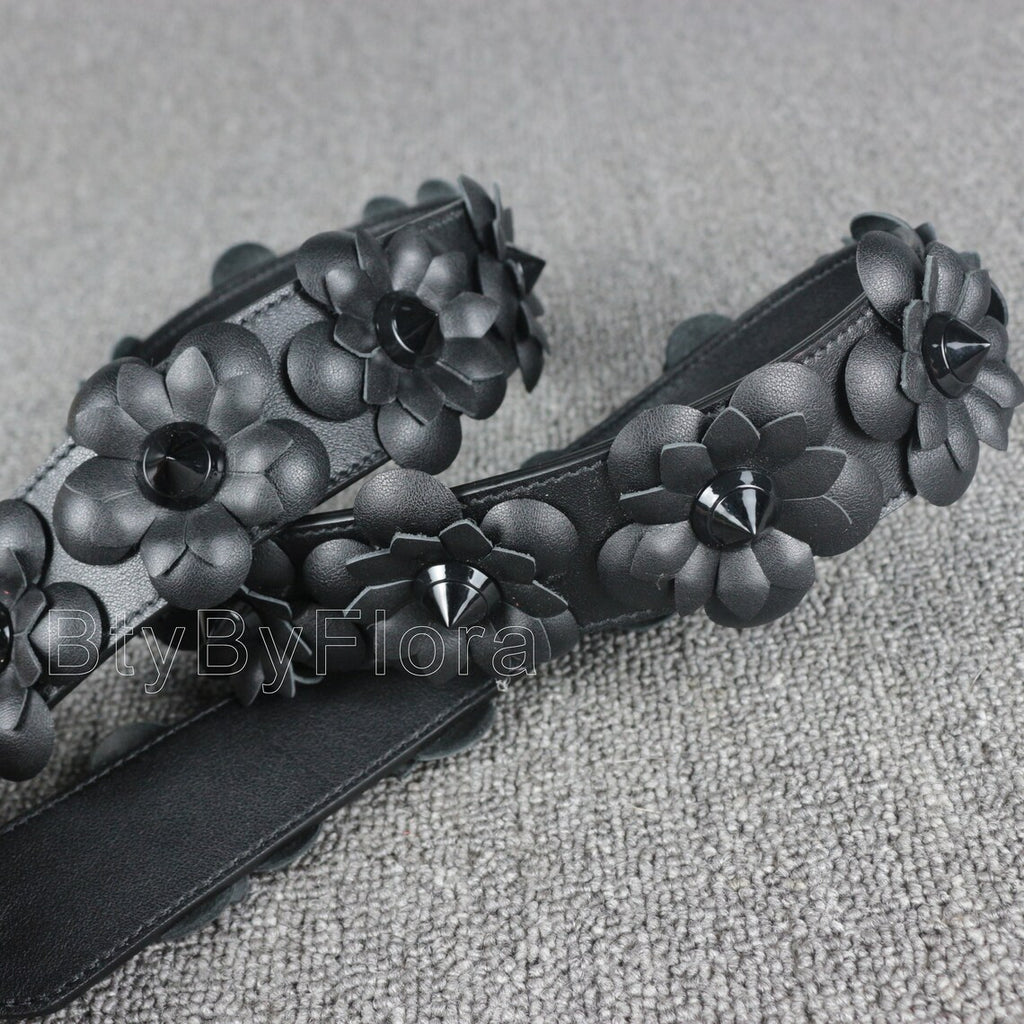 Luxury Black Leather Bandoulière (Designer Style): 3D Floral Appliqué & Studded Crossbody Strap