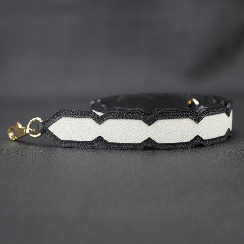 Artisanal Black & White Epsom Leather Bandoulière: Hand-Stitched Detachable Crossbody/Shoulder Strap