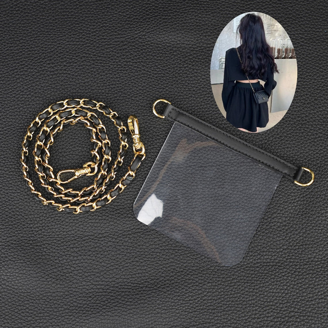 Leather Chain Wallet Strap: Transparent Silicone Insert