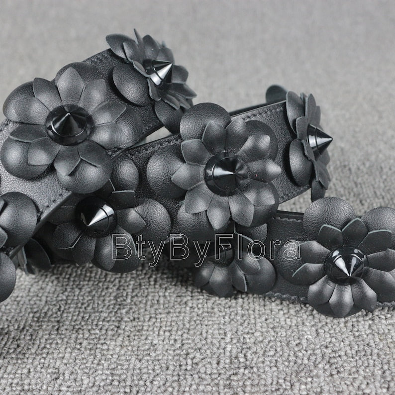 Luxury Black Leather Bandoulière (Designer Style): 3D Floral Appliqué & Studded Crossbody Strap