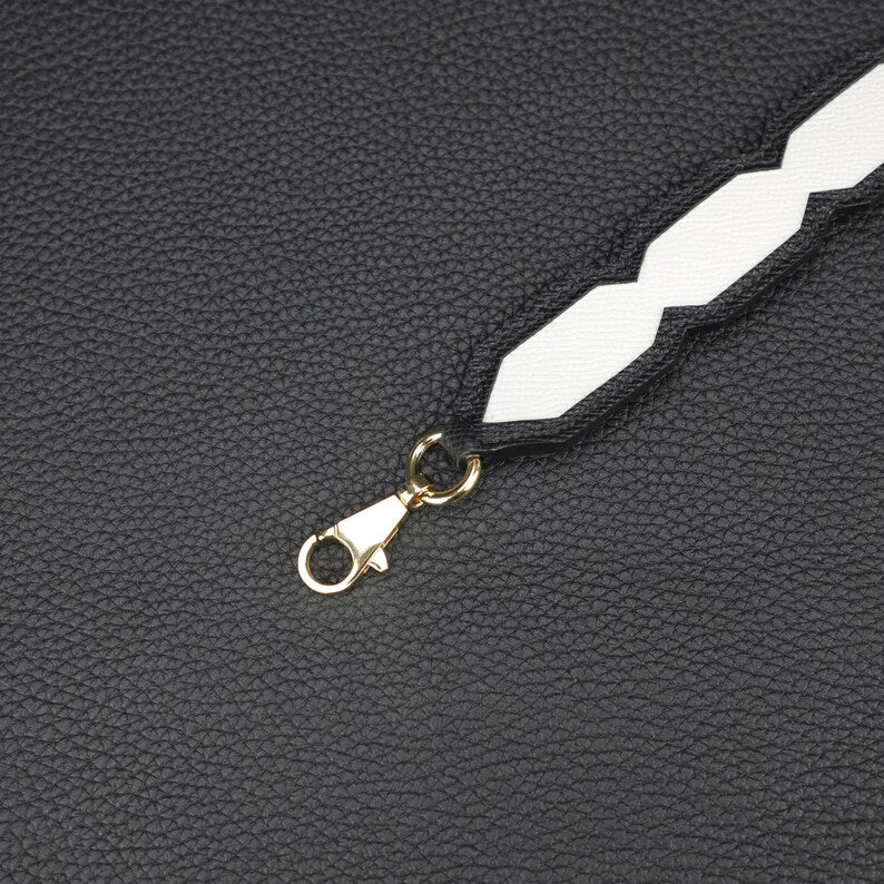 Artisanal Black & White Epsom Leather Bandoulière: Hand-Stitched Detachable Crossbody/Shoulder Strap