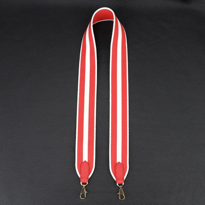 50mm Striped Canvas Shoulder Bag Strap: Togo Leather Accent