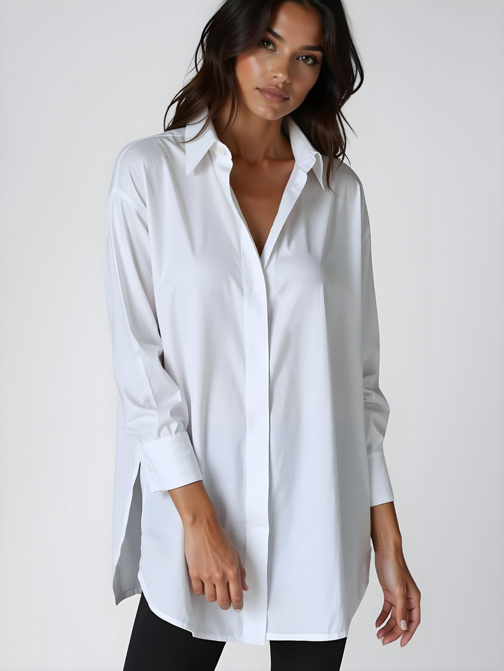 Woman wearing a white buttoned long shirt dress, standing and facing forward to show the fit and style.