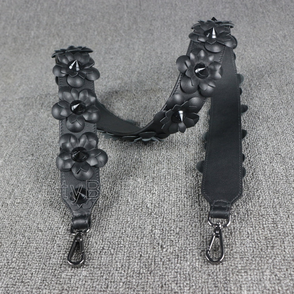 Luxury Black Leather Bandoulière (Designer Style): 3D Floral Appliqué & Studded Crossbody Strap