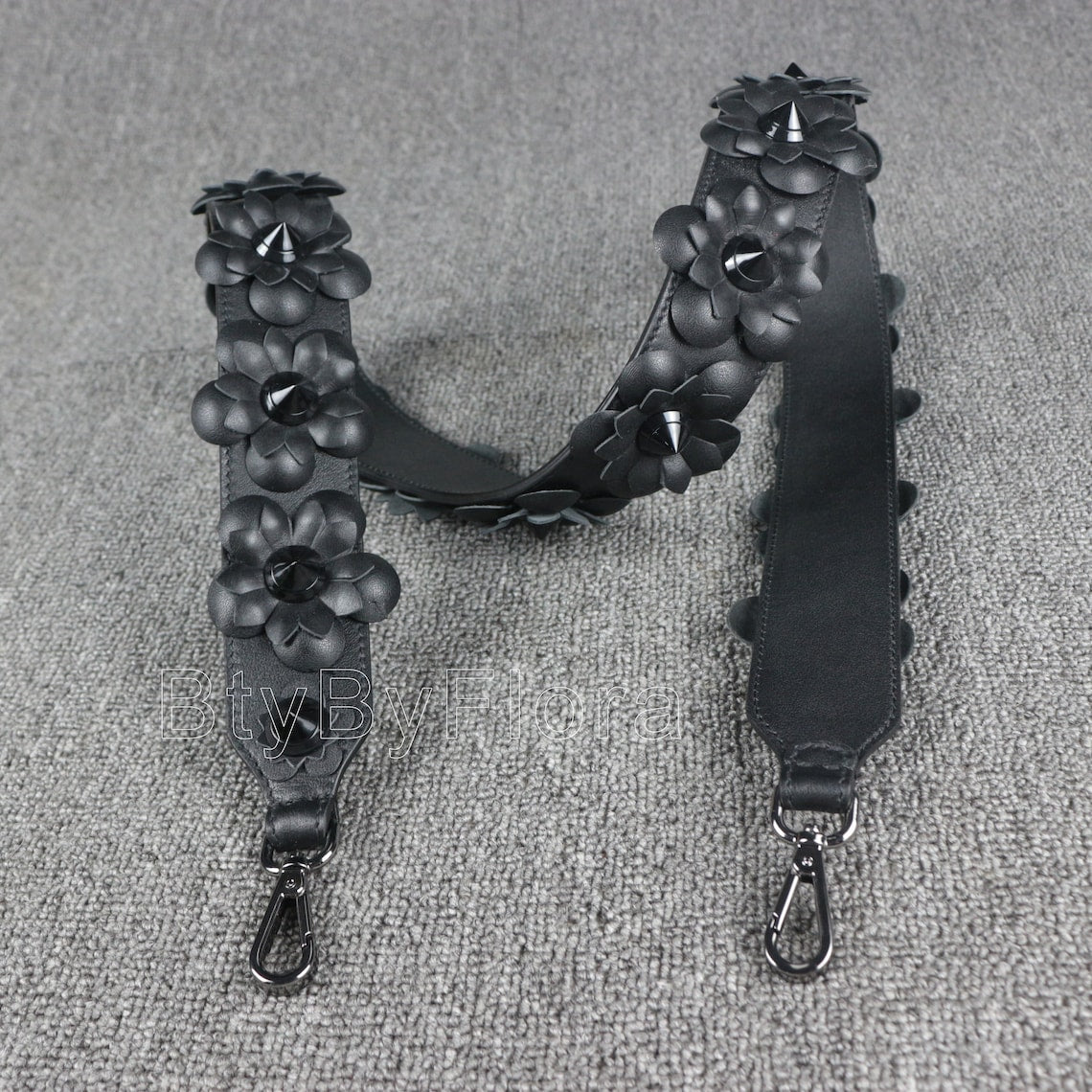 Luxury Black Leather Bandoulière (Designer Style): 3D Floral Appliqué & Studded Crossbody Strap