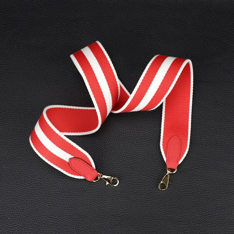 50mm Striped Canvas Shoulder Bag Strap: Togo Leather Accent