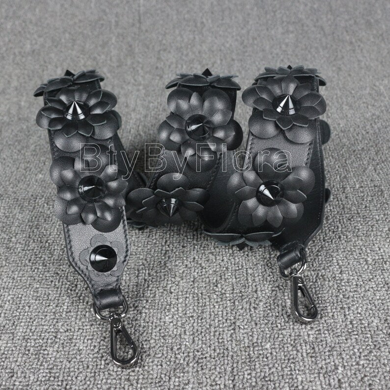 Luxury Black Leather Bandoulière (Designer Style): 3D Floral Appliqué & Studded Crossbody Strap