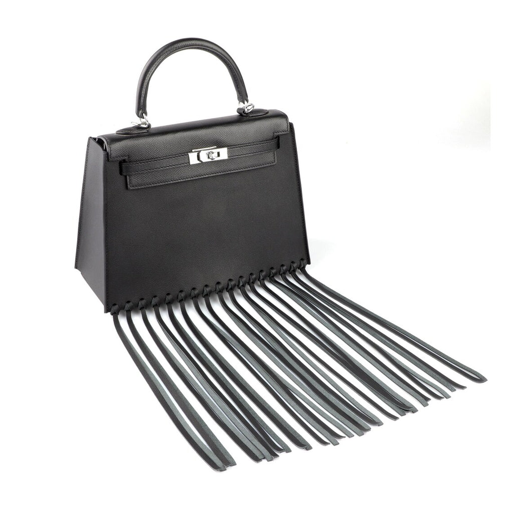 Black Fringe Bag Cover for Kelly bag | Leather Protective Bag Cape | Luxury Purse Cover with Long Tassels | Custom Handmade Bag Accessory