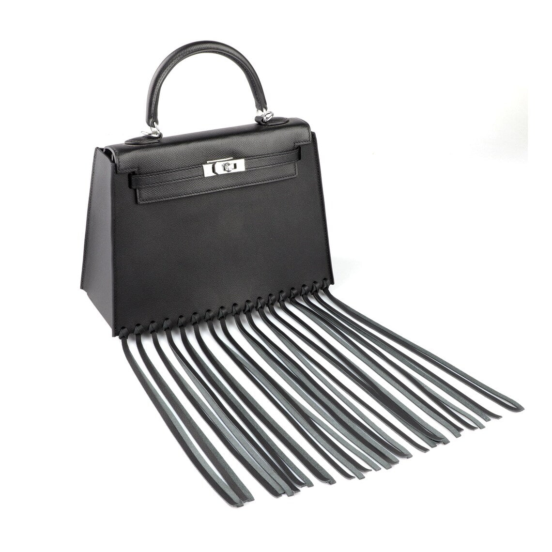 Black Fringe Bag Cover for Kelly bag | Leather Protective Bag Cape | Luxury Purse Cover with Long Tassels | Custom Handmade Bag Accessory