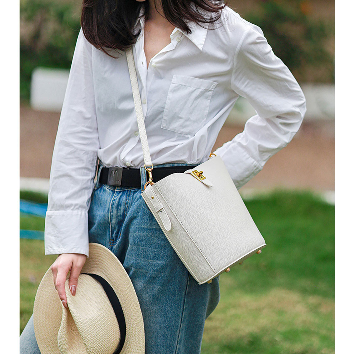 Handmade Large White Bucket Tote Bag with Crossbody Strap - Wirkin™