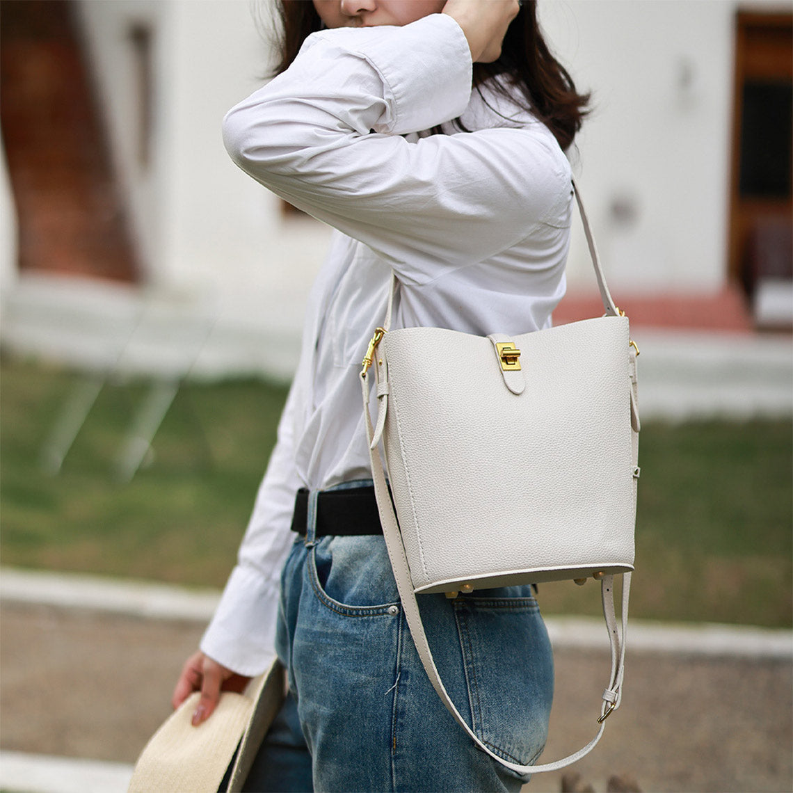 White Bucket Tote Bag with Crossbody Strap - Leather Bag Making Project - Wirkin®