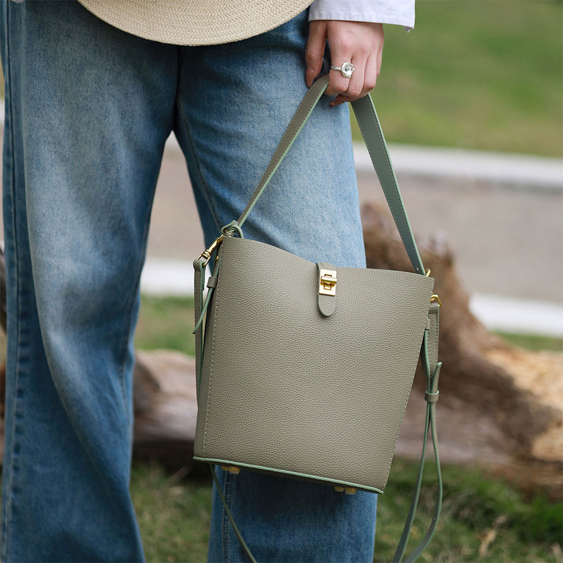 Handsewn Large Green Bucket Tote Bag with Crossbody Strap - Wirkin®