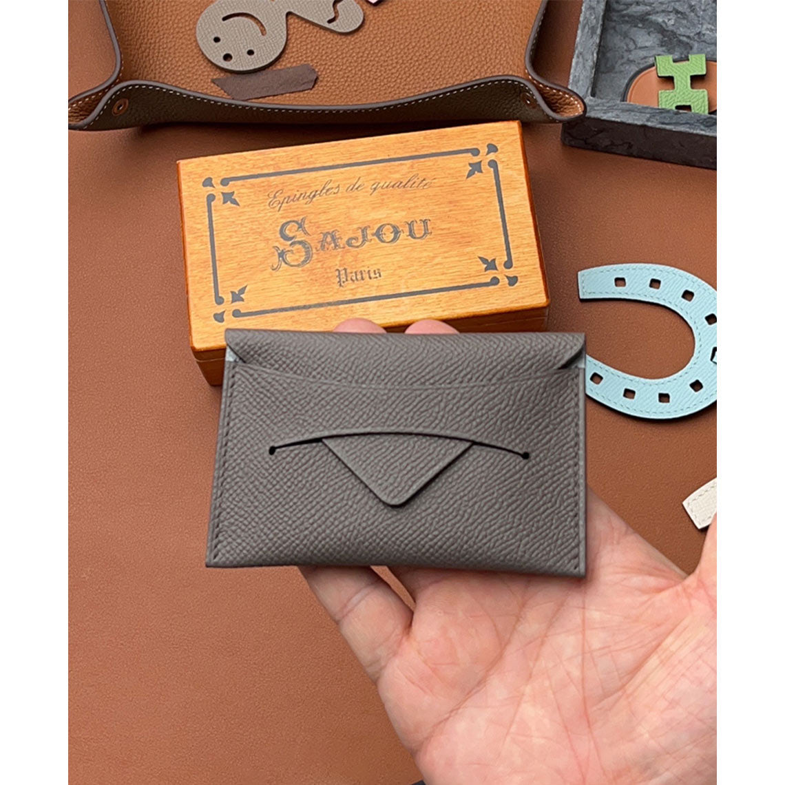 Handmade Epsom Calfskin Card Holder | Taupe Leather Card Wallet for Women - Wirkin®