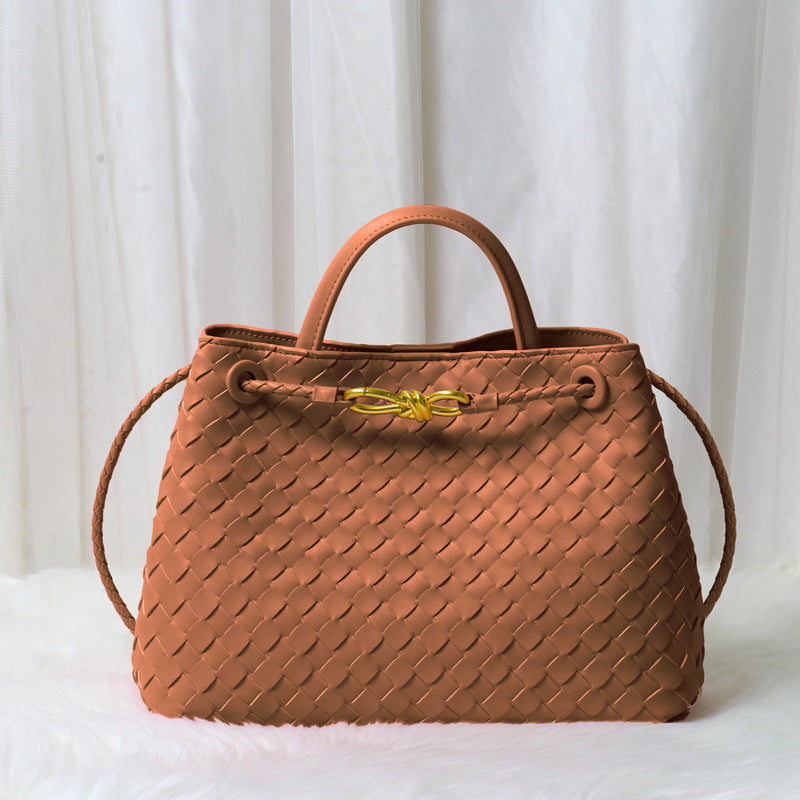 Women’s Minimalist Woven Split Leather Shoulder Tote Handbag In Gold Hardware image 8