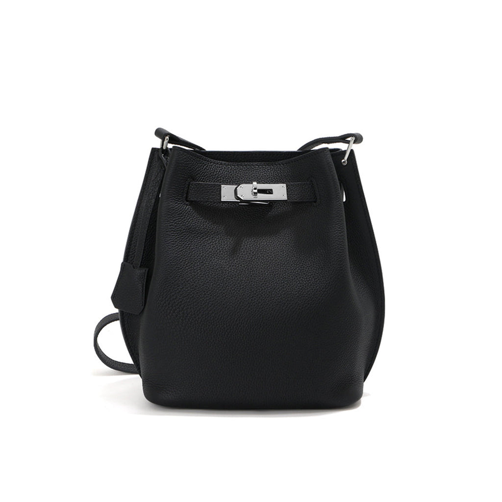 Black leather handbag with silver clasp | Inspired Kelly bucket bag