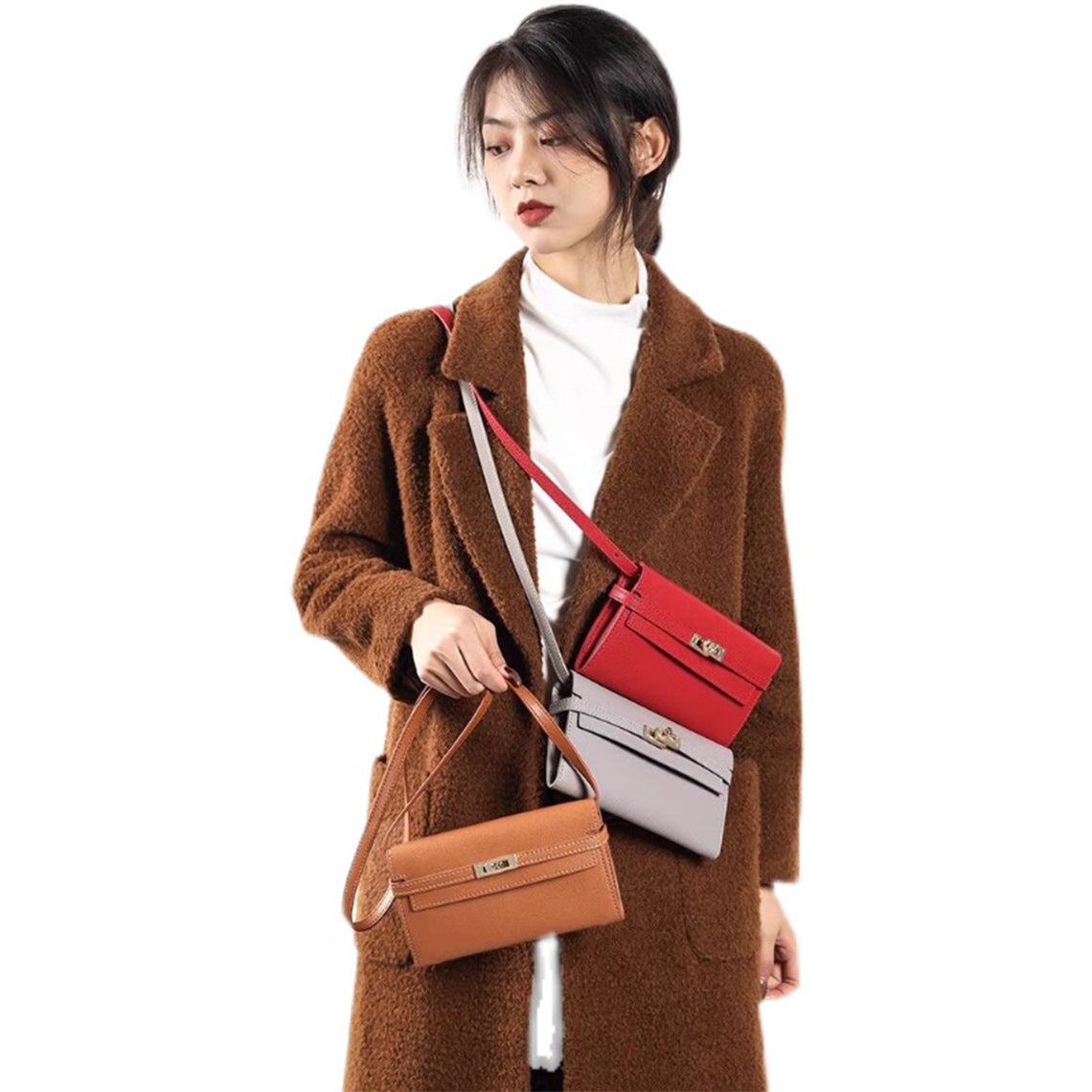 Handmade Crossbody Leather Purse in Red & Brown & Grey | Red Leather Wallet Purse for Women Inspired Designer Kelly to Go Wallet - Wirkin™