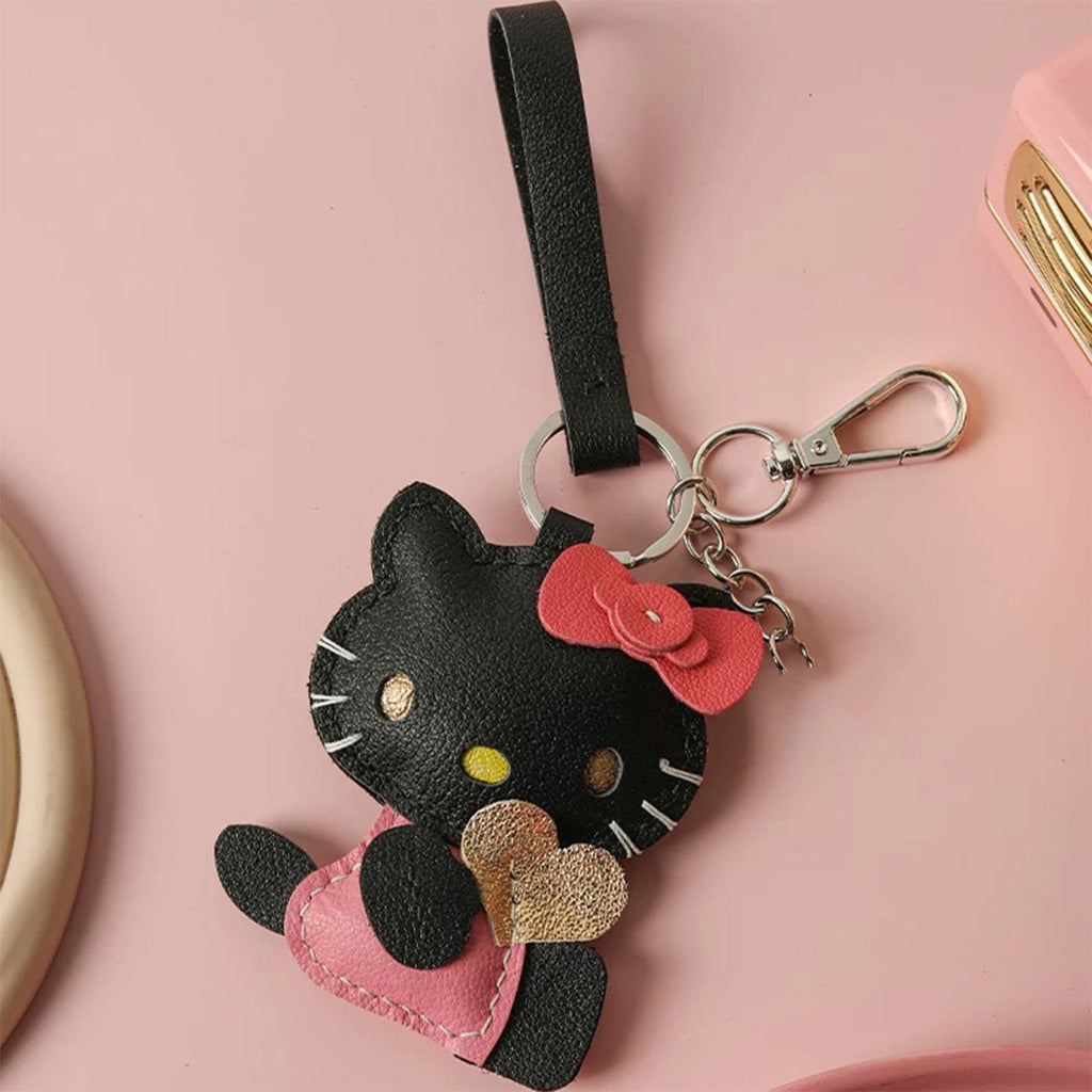Black Leather Hello Kitty Keychain Charm | Cute Bag Accessories Handmade Gifts for Girls - Wirkin®