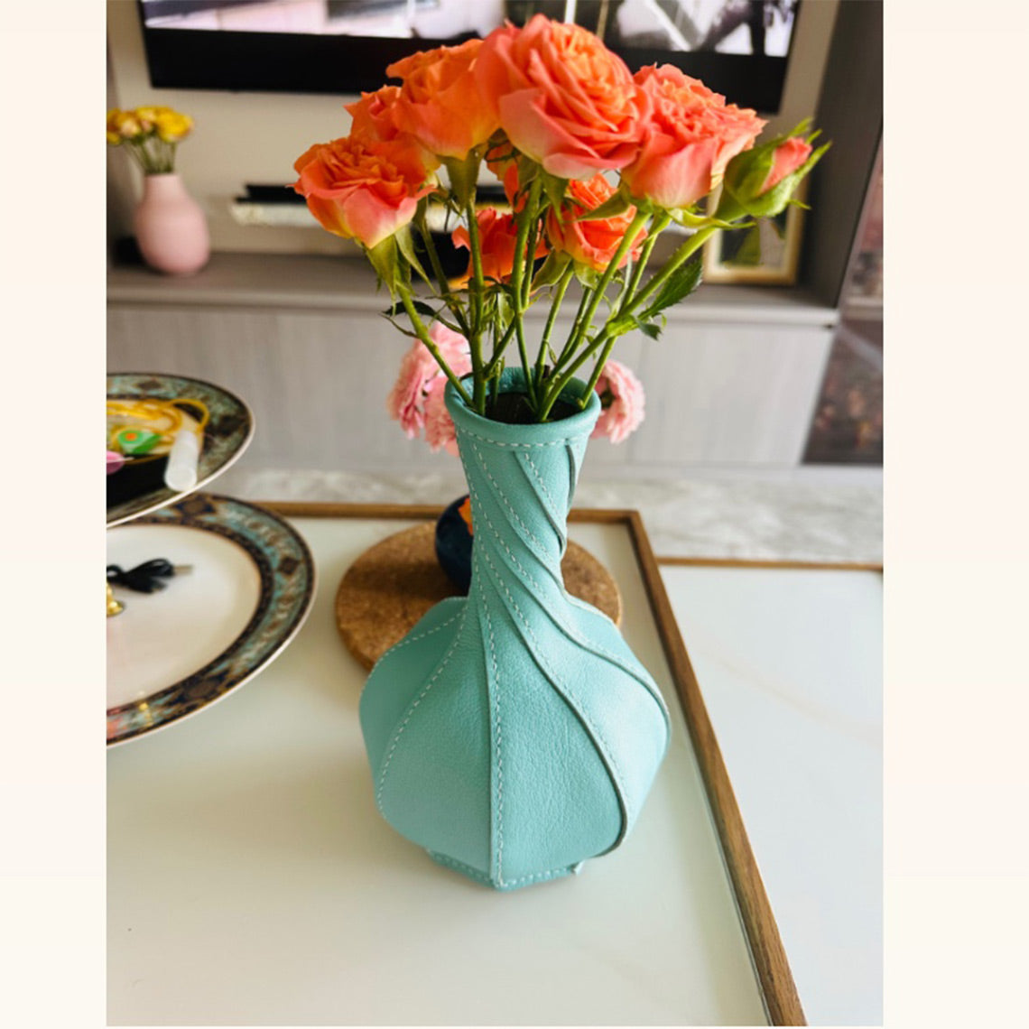 Light Blue Sheepskin Leather Vase | Simple Homemade Leather Project - Wirkin®