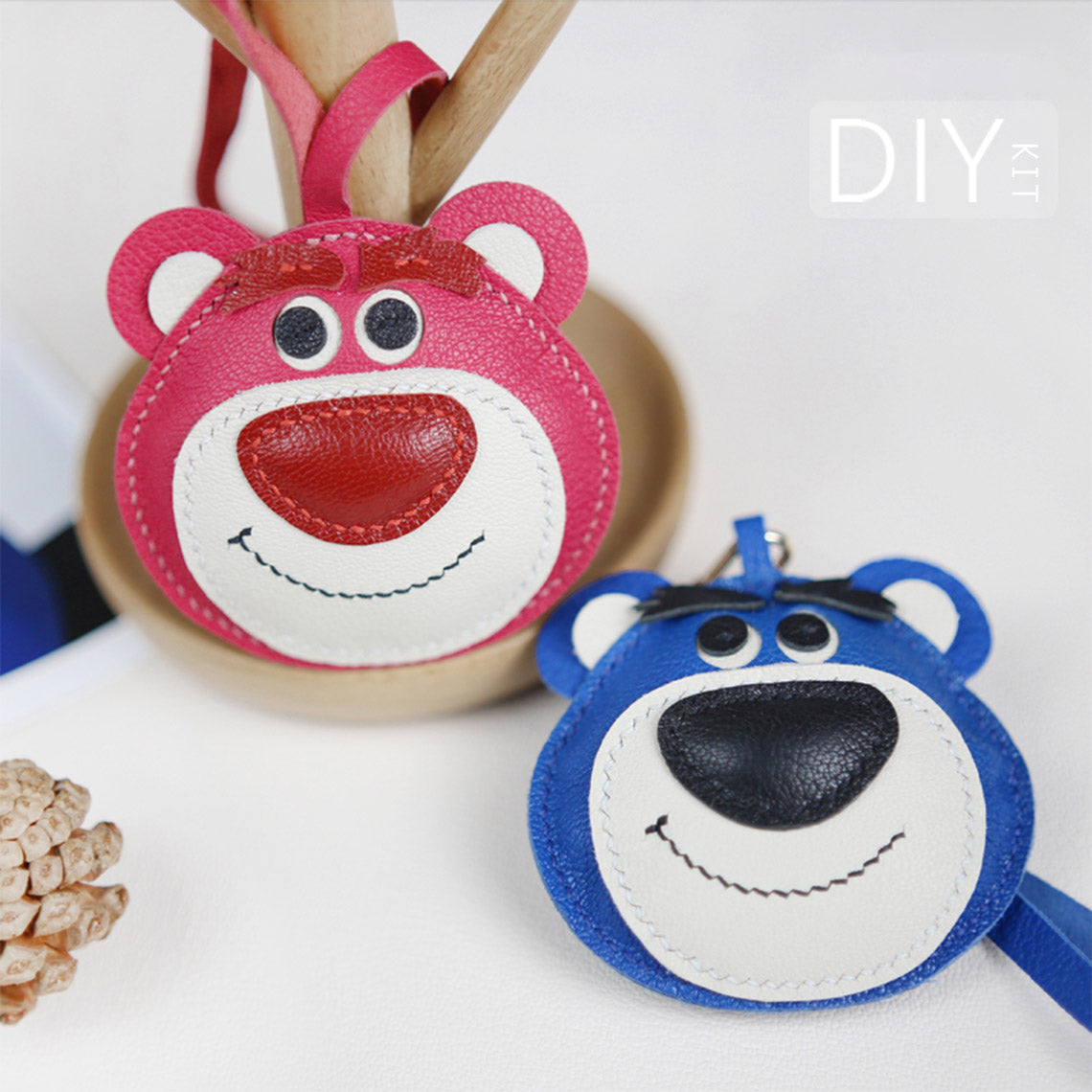 Pink and Blue Teddy Bear Luxury Leather Bag Charms | Anime Lotso Bear Keychain - Wirkin™