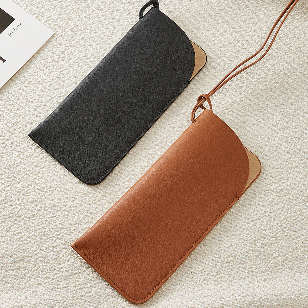 Handcrafted Genuine Leather Sunglasses Case – Portable Car Visor Sunglasses Holder with Neck Strap