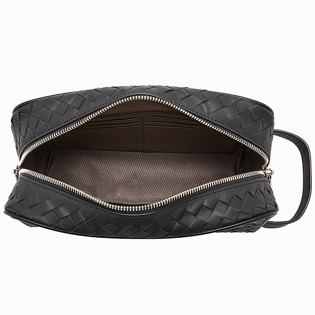 2025 New Arrival Black Woven Leather Makeup Bag - Large Capacity, Premium Cosmetic & Brush Organizer, Portable & Luxurious for Men & Women