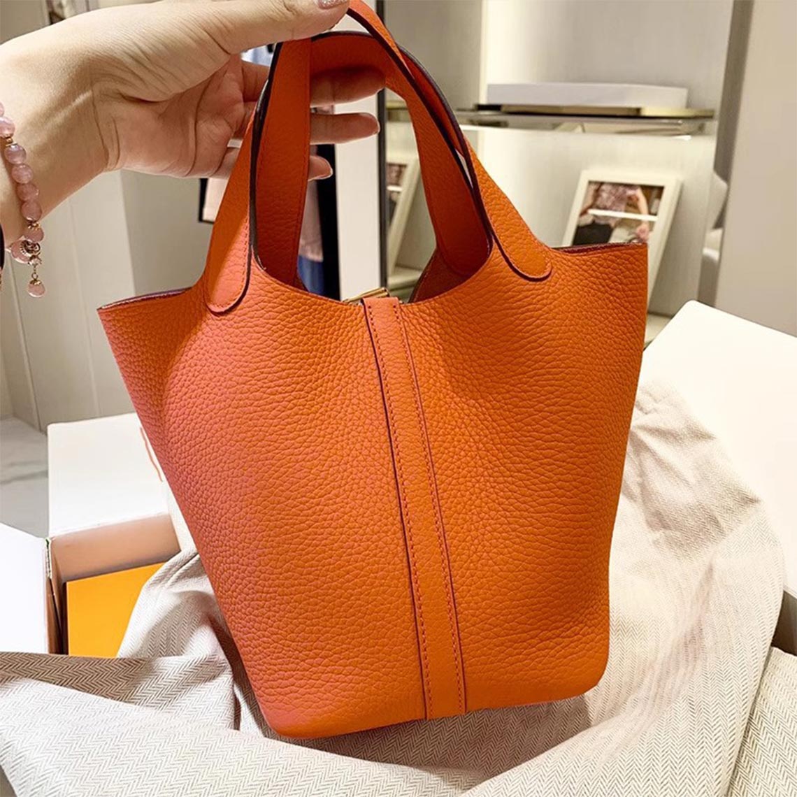 Top Grain Leather Inspired Picotin Lock Handbag