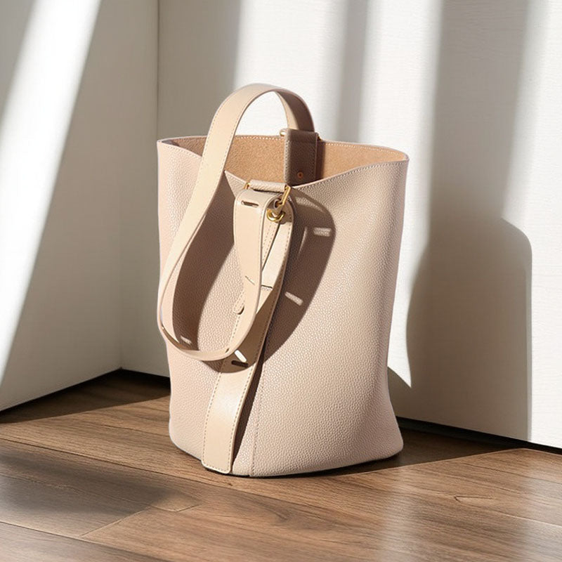 Women’s Beige Genuine Leather Minimalist Crossbody Bucket Bag image 2