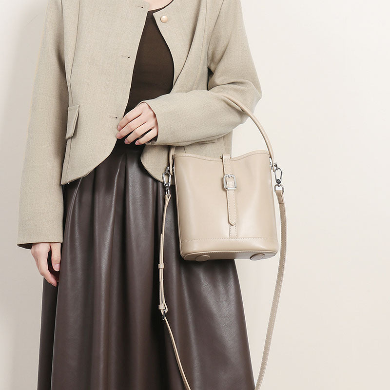Women’s Beige Gray Genuine Leather Buckle Crossbody Shoulder Bucket Bag image 3