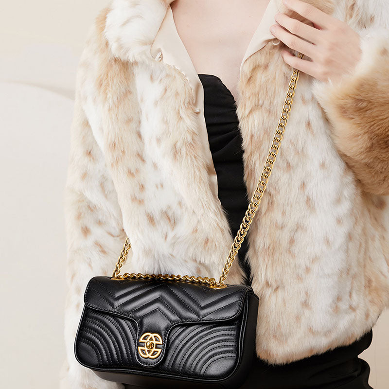 Women’s Black Genuine Leather Quilted Chain Crossbody Shoulder Bags image 5